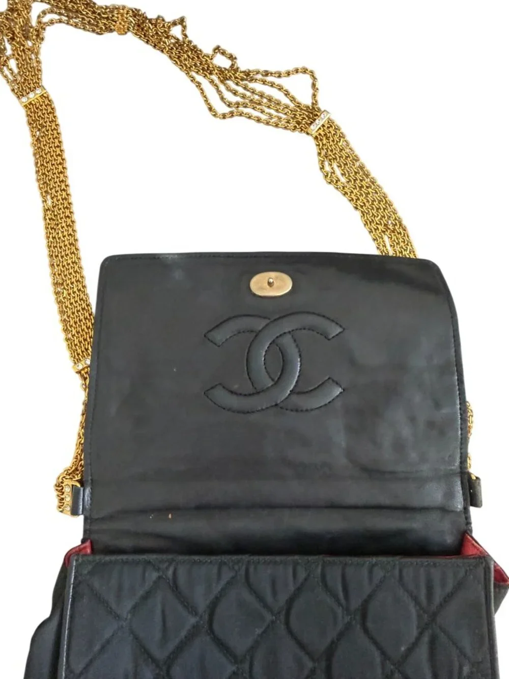 CHANEL Vintage Matelasse Black Silk Leather Rhinestone Chain Shoulder Bag